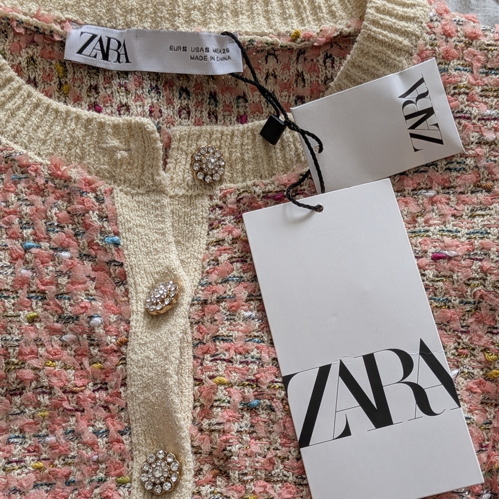 NWT Zara Women's Pink Tweed Cardigan S Cropped Rhinestone Button Business Casual - Picture 6 of 7